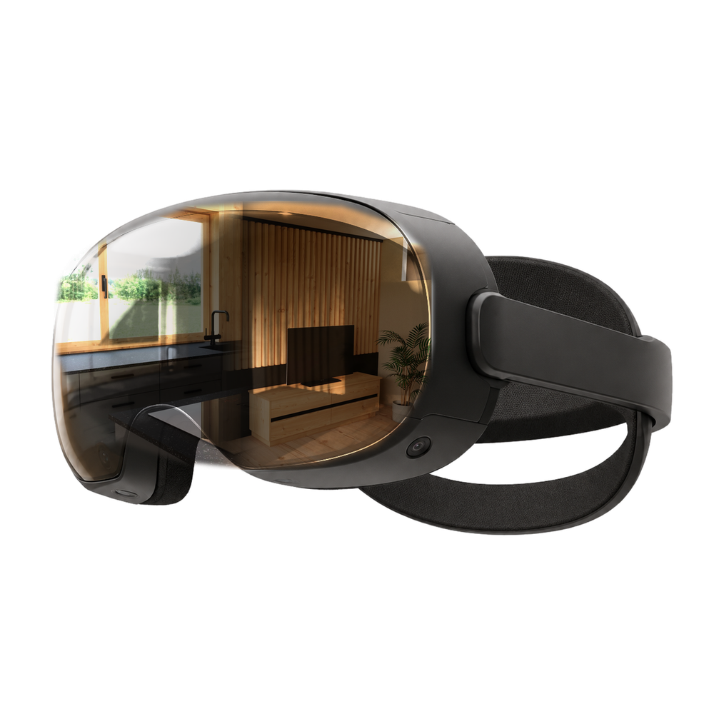 VR-Brille, im Glas spiegeln sich die geplante Küche und der Wohnbereich